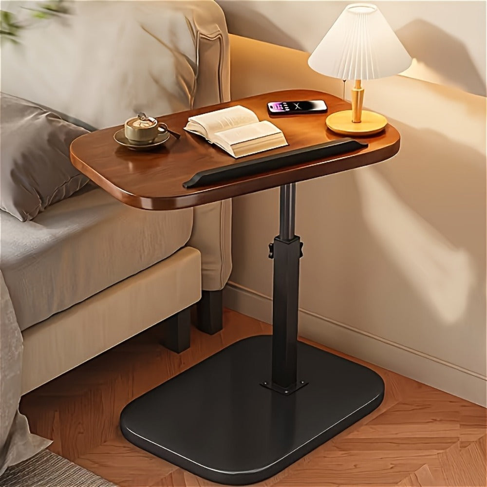 Side Table Adjustable C-Shaped Walnut Tray with Optional Wheels for Living Room and Home Office Use