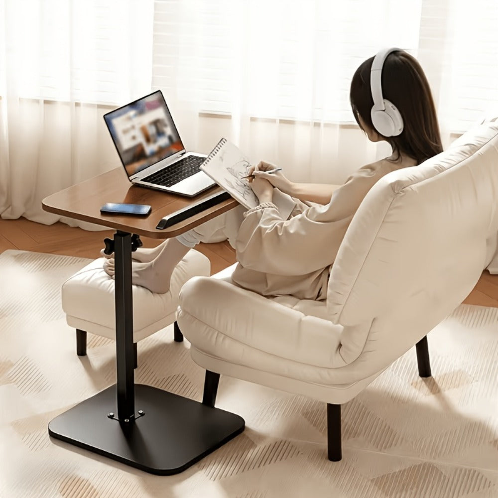 Side Table Adjustable C-Shaped Walnut Tray with Optional Wheels for Living Room and Home Office Use