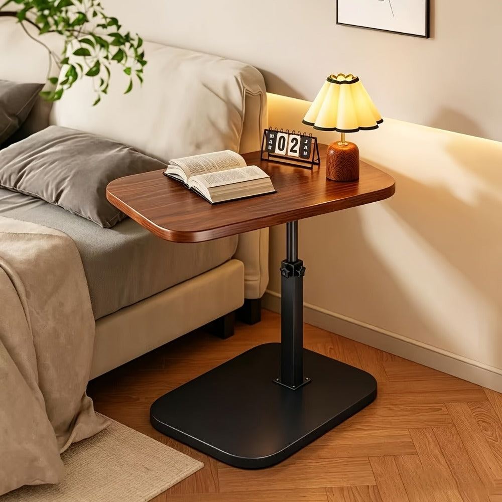 Side Table Adjustable C-Shaped Walnut Tray with Optional Wheels for Living Room and Home Office Use