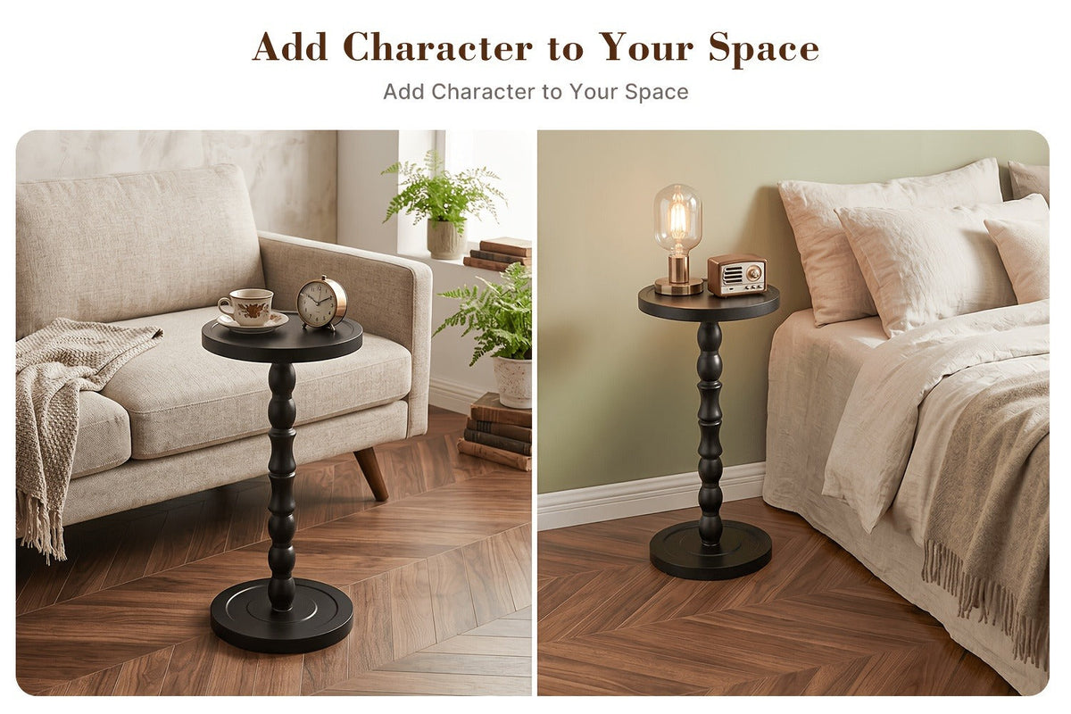 Side Table Small Round Accent Design with Solid Wood Legs in Black and Walnut Finish Options