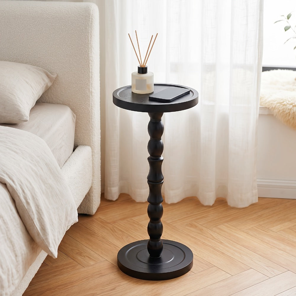 Side Table Small Round Accent Design with Solid Wood Legs in Black and Walnut Finish Options