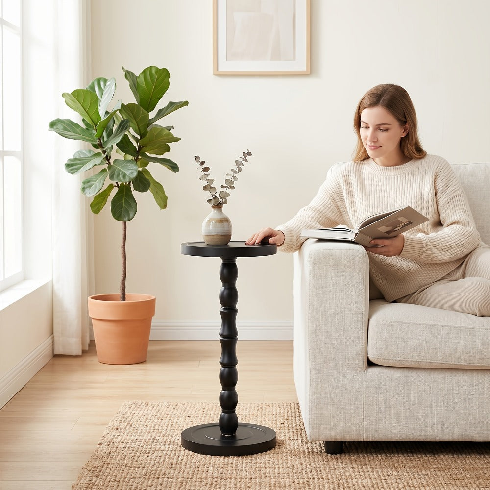 Side Table Small Round Accent Design with Solid Wood Legs in Black and Walnut Finish Options