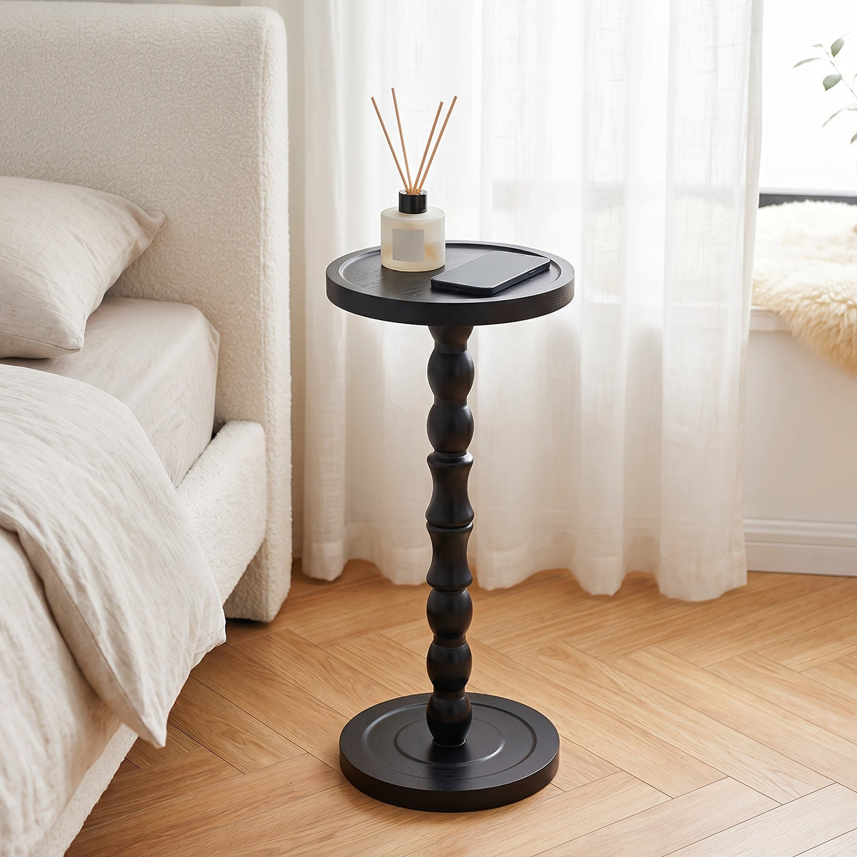 Side Table Small Round Accent Design with Solid Wood Legs in Black and Walnut Finish Options