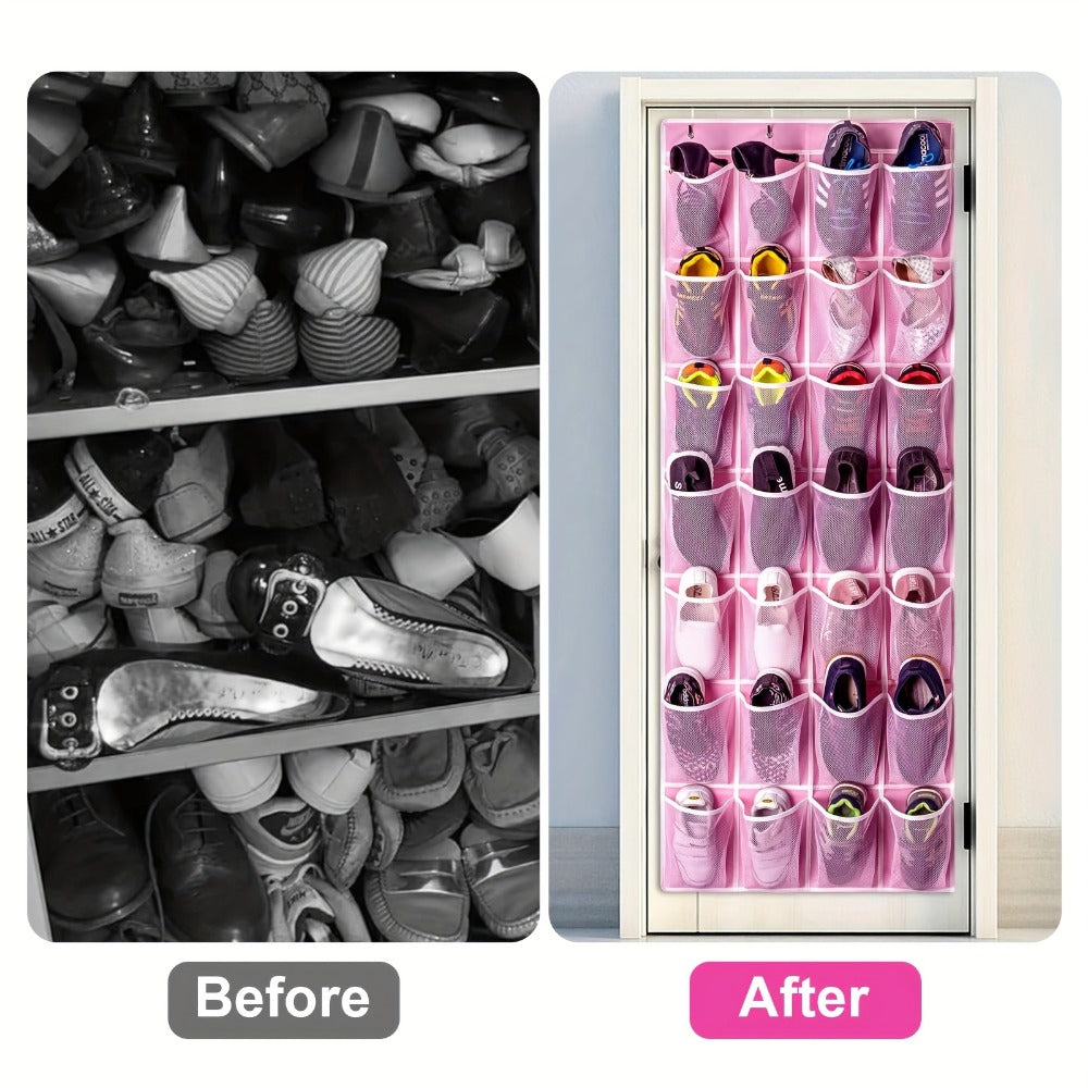 Pink 28-Pocket Over-the-Door Shoe Organizer with Four Metal Hooks and 65 x 57.5 cm Hanging Panel