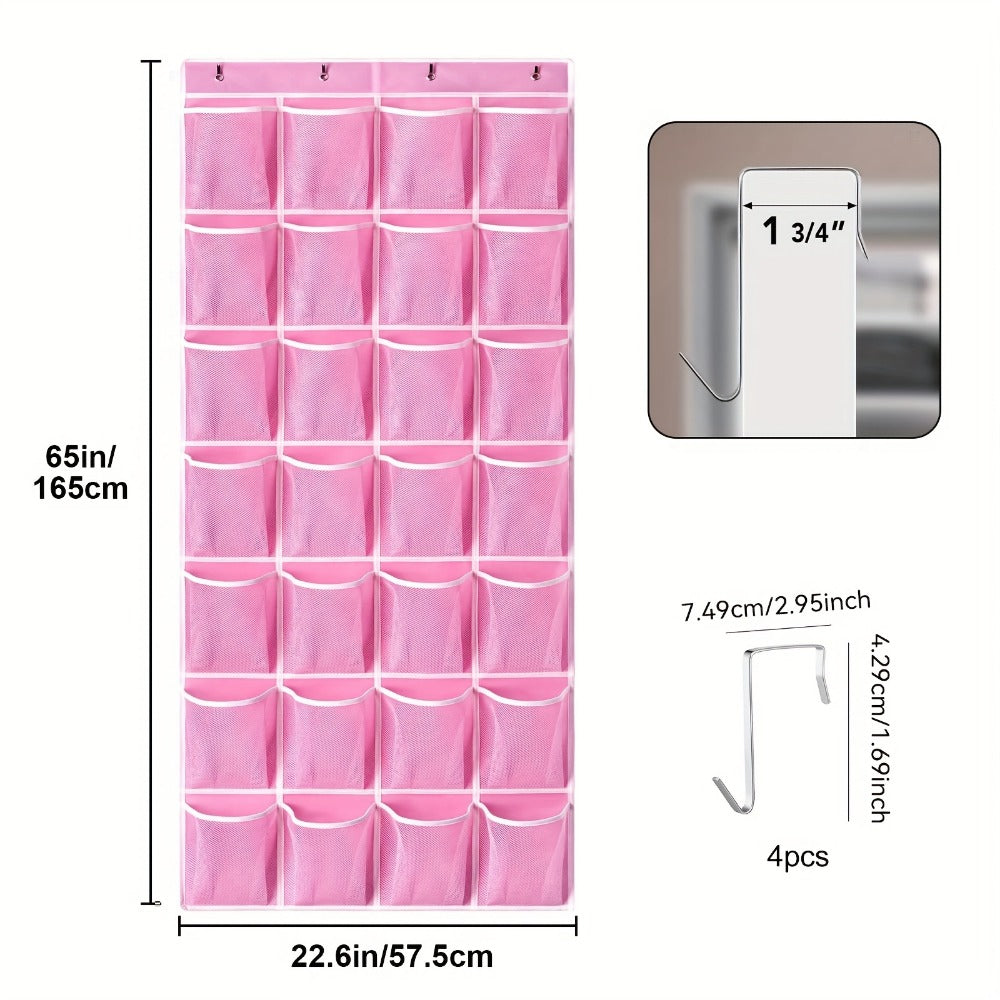 Pink 28-Pocket Over-the-Door Shoe Organizer with Four Metal Hooks and 65 x 57.5 cm Hanging Panel