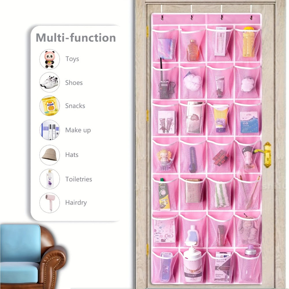 Pink 28-Pocket Over-the-Door Shoe Organizer with Four Metal Hooks and 65 x 57.5 cm Hanging Panel