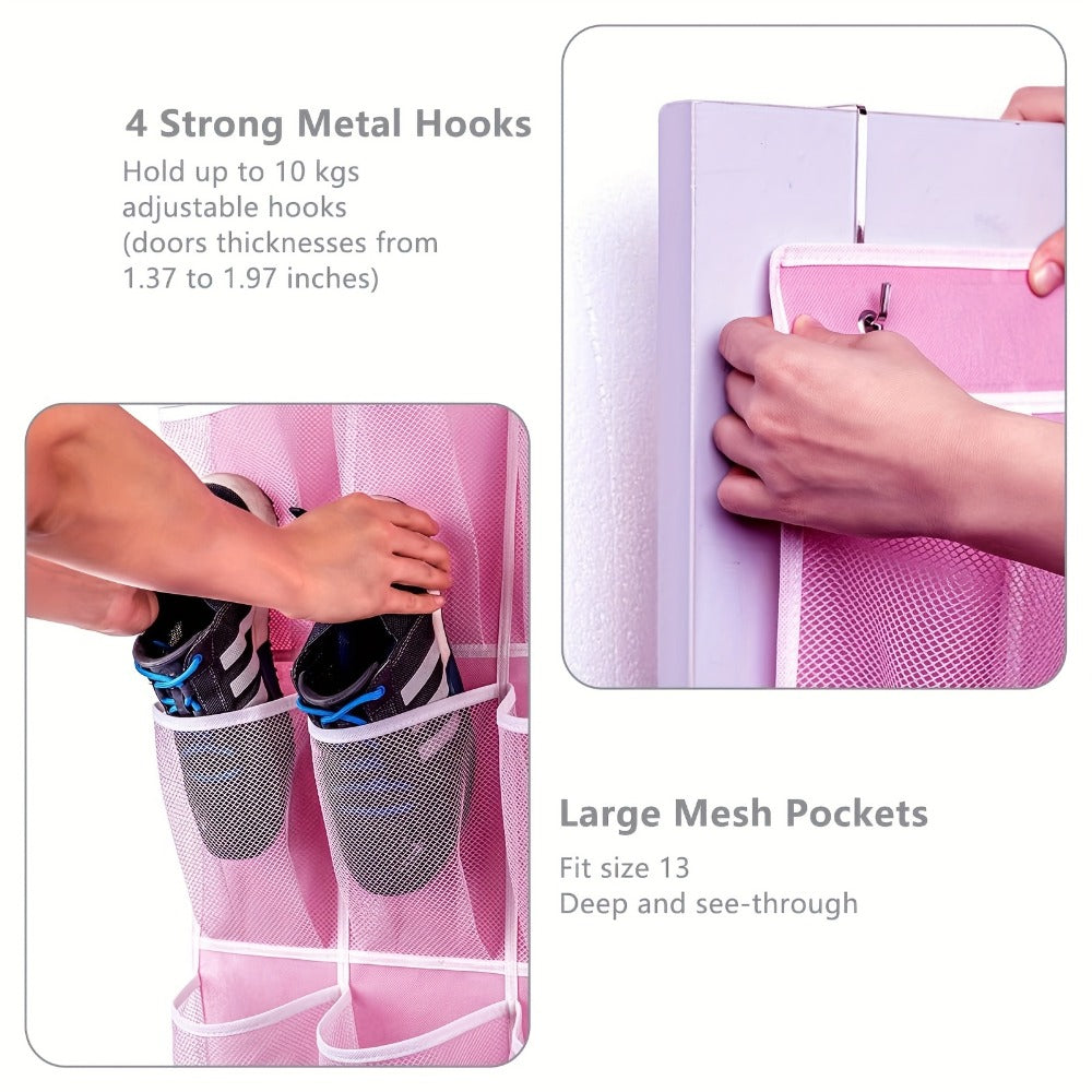 Pink 28-Pocket Over-the-Door Shoe Organizer with Four Metal Hooks and 65 x 57.5 cm Hanging Panel