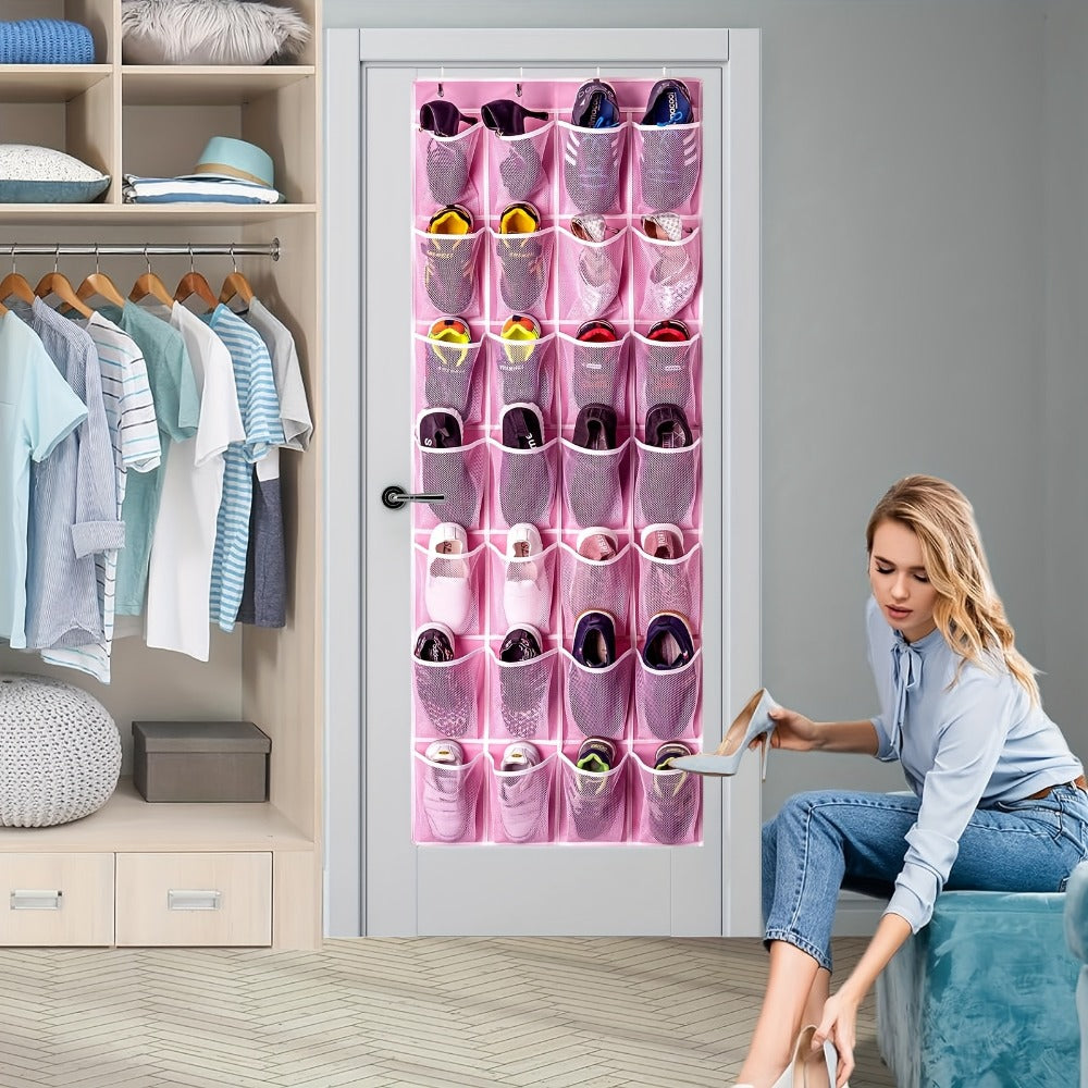 Pink 28-Pocket Over-the-Door Shoe Organizer with Four Metal Hooks and 65 x 57.5 cm Hanging Panel