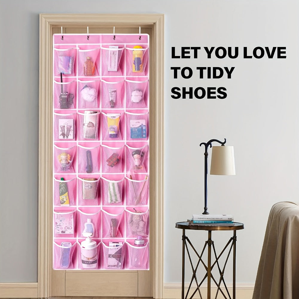 Pink 28-Pocket Over-the-Door Shoe Organizer with Four Metal Hooks and 65 x 57.5 cm Hanging Panel