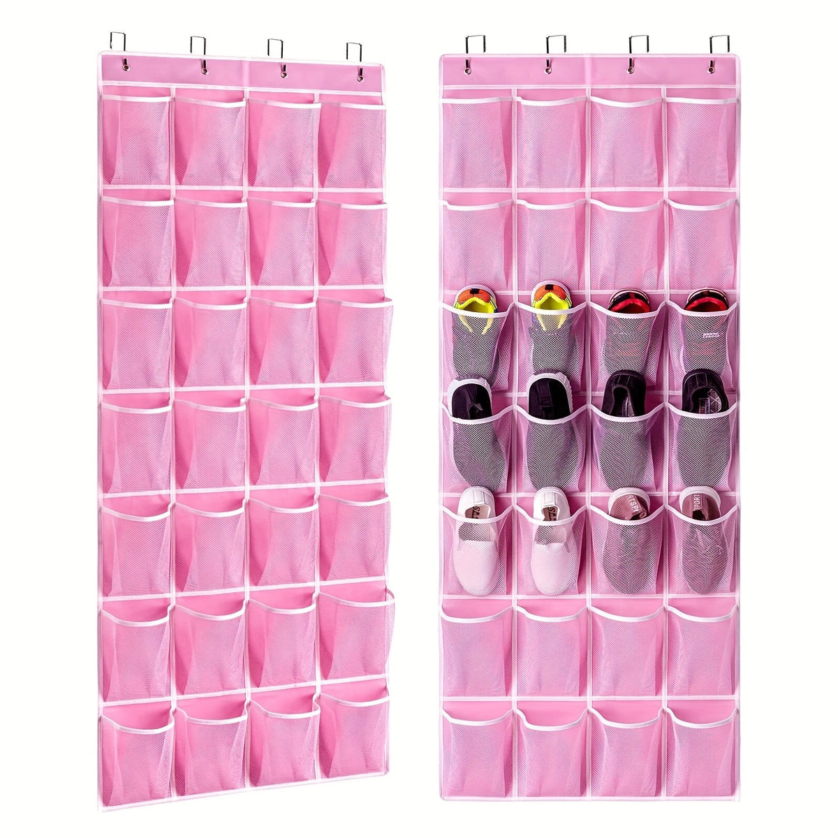 Pink 28-Pocket Over-the-Door Shoe Organizer with Four Metal Hooks and 65 x 57.5 cm Hanging Panel