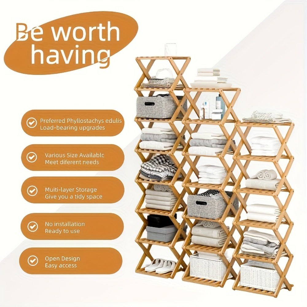 Bamboo Shoe Rack Organizer in a Foldable Design with Flat-Folding Storage and Ready-to-Use Design