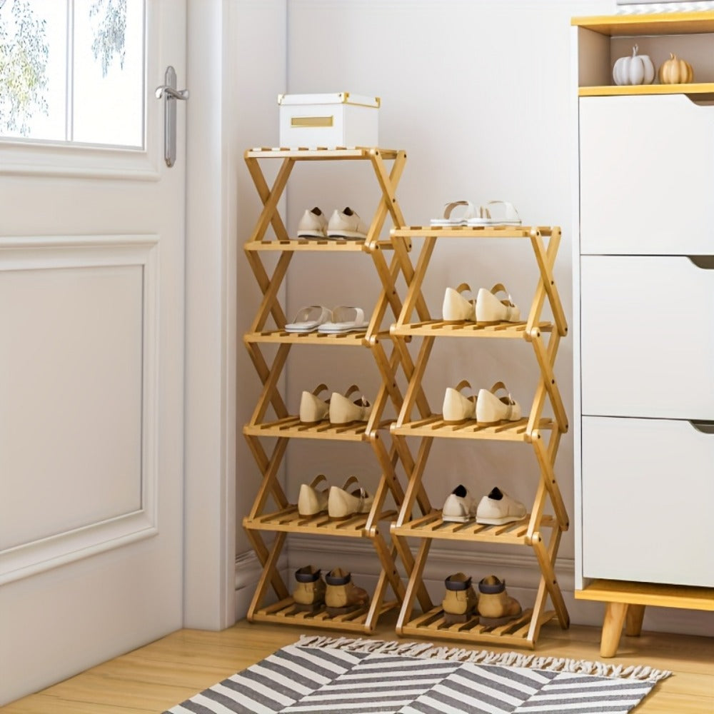 Bamboo Shoe Rack Organizer in a Foldable Design with Flat-Folding Storage and Ready-to-Use Design