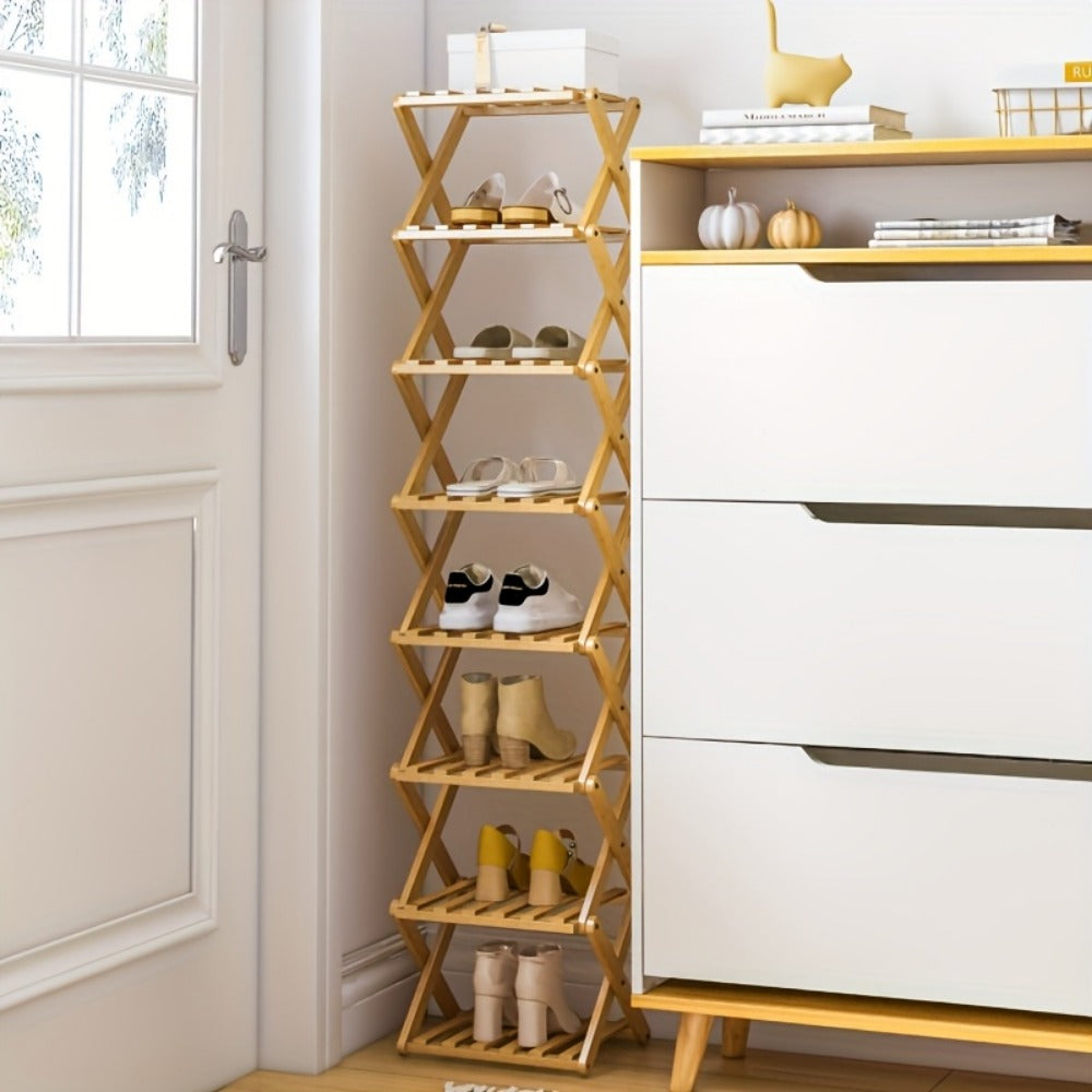 Bamboo Shoe Rack Organizer in a Foldable Design with Flat-Folding Storage and Ready-to-Use Design