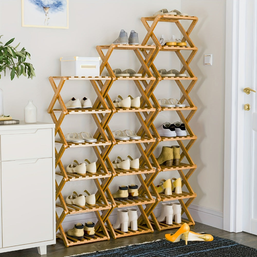 Bamboo Shoe Rack Organizer in a Foldable Design with Flat-Folding Storage and Ready-to-Use Design