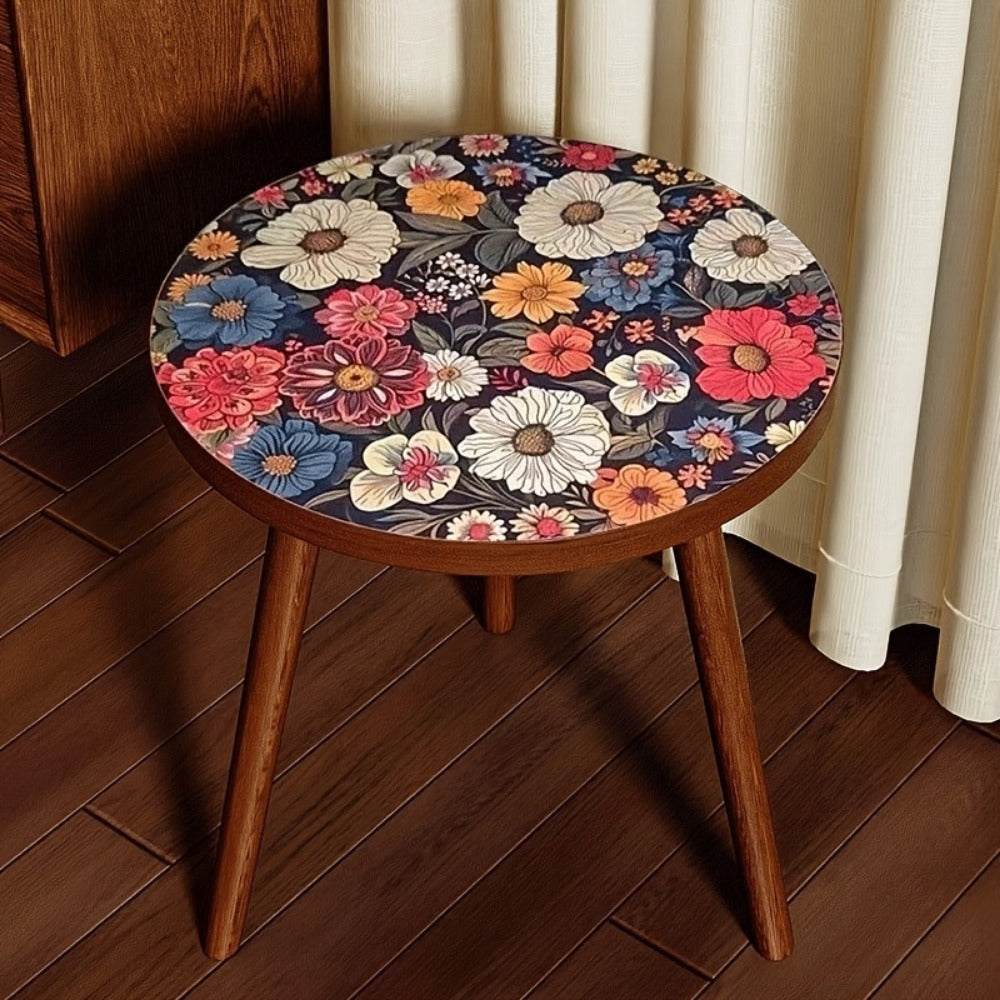 Side Table Round Single-Layer Mandala Flower Pattern Accent Surface for Indoor or Outdoor Placement