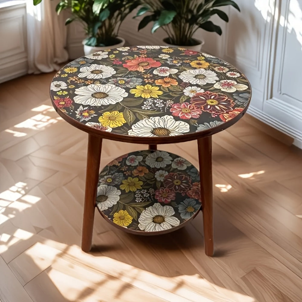 Side Table Round Single-Layer Mandala Flower Pattern Accent Surface for Indoor or Outdoor Placement
