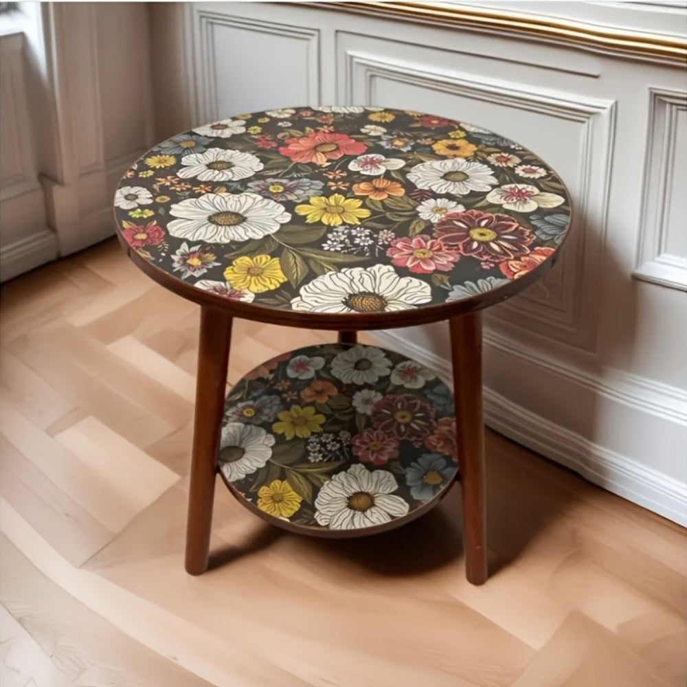 Side Table Round Single-Layer Mandala Flower Pattern Accent Surface for Indoor or Outdoor Placement