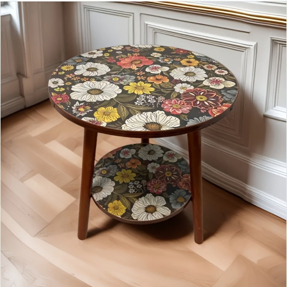 Side Table Round Single-Layer Mandala Flower Pattern Accent Surface for Indoor or Outdoor Placement