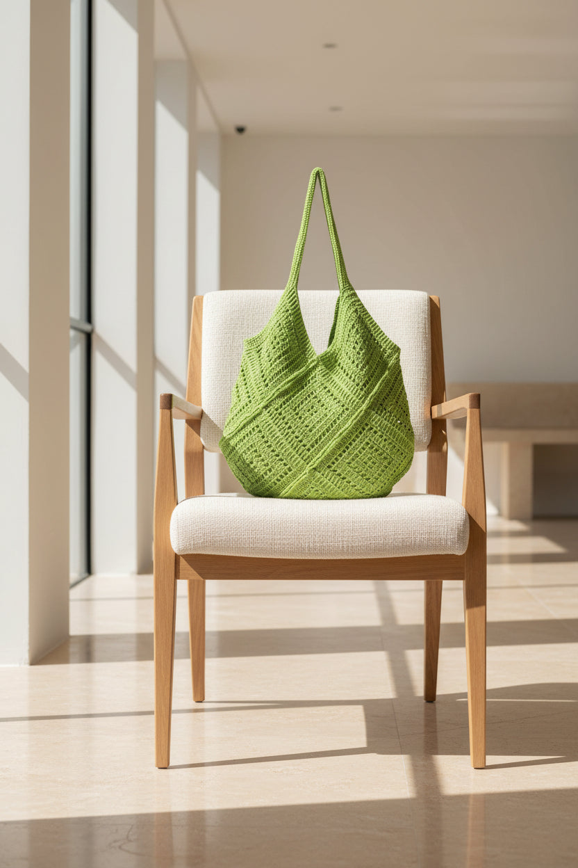 Women's Lime Green Crochet Hobo Bag with Diamond Weave Pattern