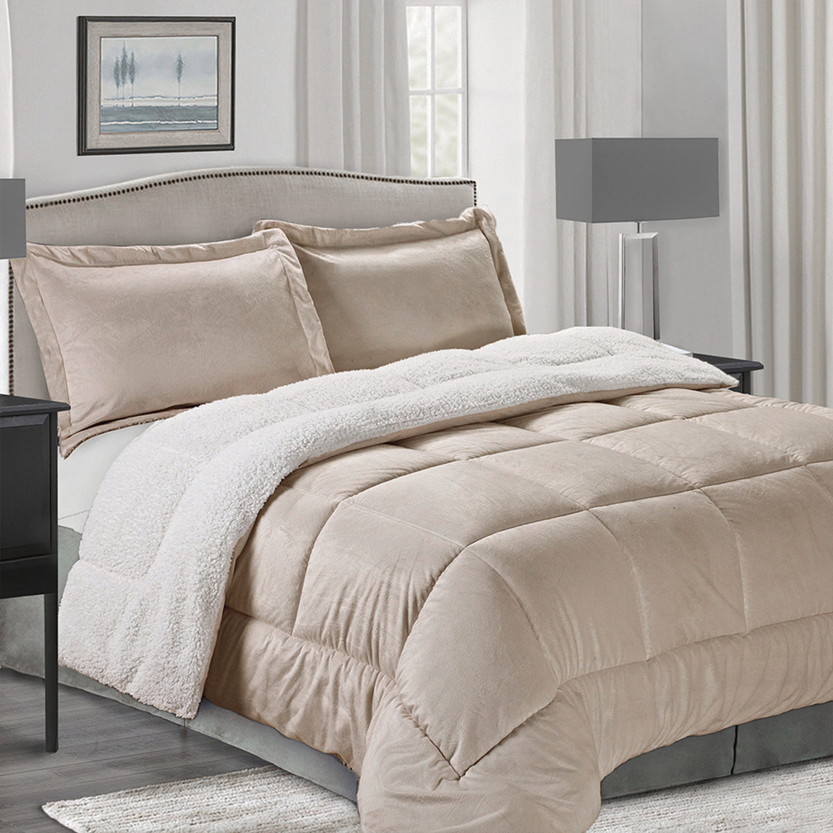 Elegant Comfort 3-Piece Micro-Suede Reversible Sherpa - Solid Color Design Comforter Set