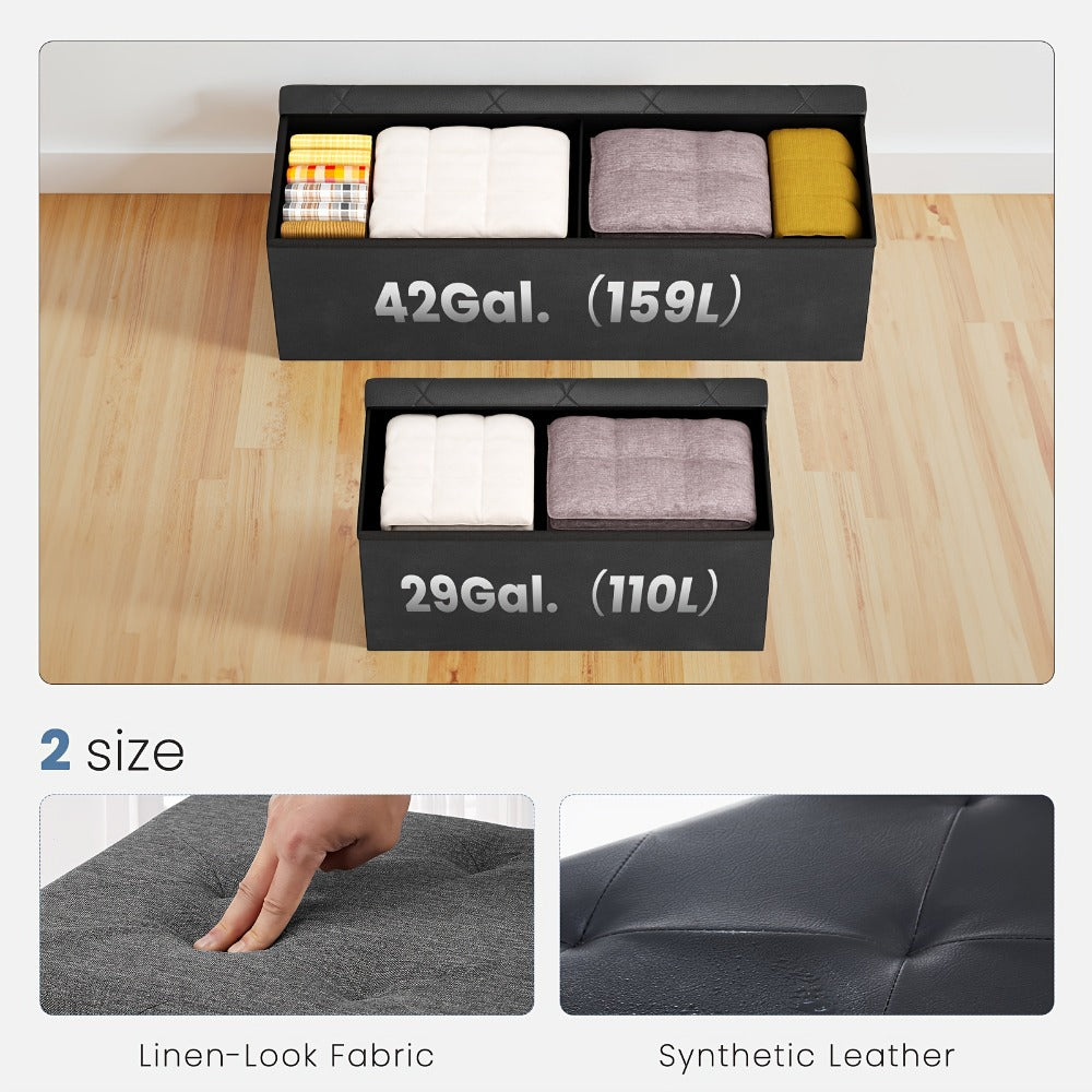 Ottoman Folding Faux Leather Storage Bench in 30- or 43-Inch Options with Lift-Off Lid and Four Colors