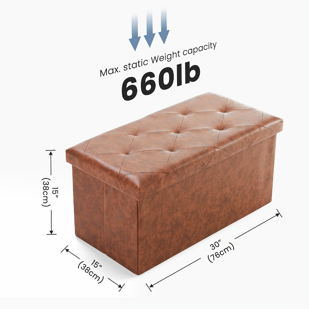 Ottoman Folding Faux Leather Storage Bench in 30- or 43-Inch Options with Lift-Off Lid and Four Colors