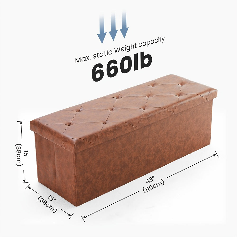 Ottoman Folding Faux Leather Storage Bench in 30- or 43-Inch Options with Lift-Off Lid and Four Colors
