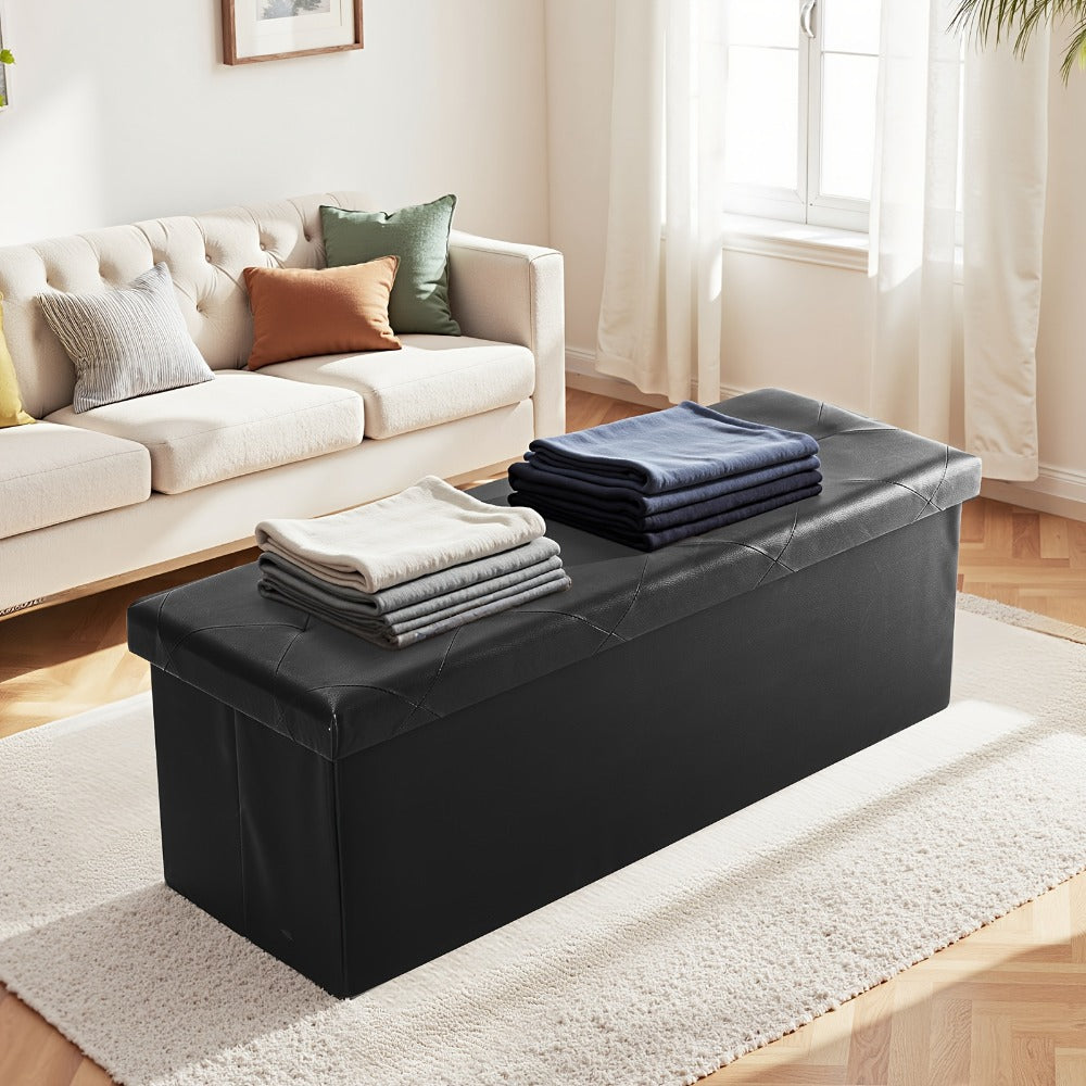 Ottoman Folding Faux Leather Storage Bench in 30- or 43-Inch Options with Lift-Off Lid and Four Colors