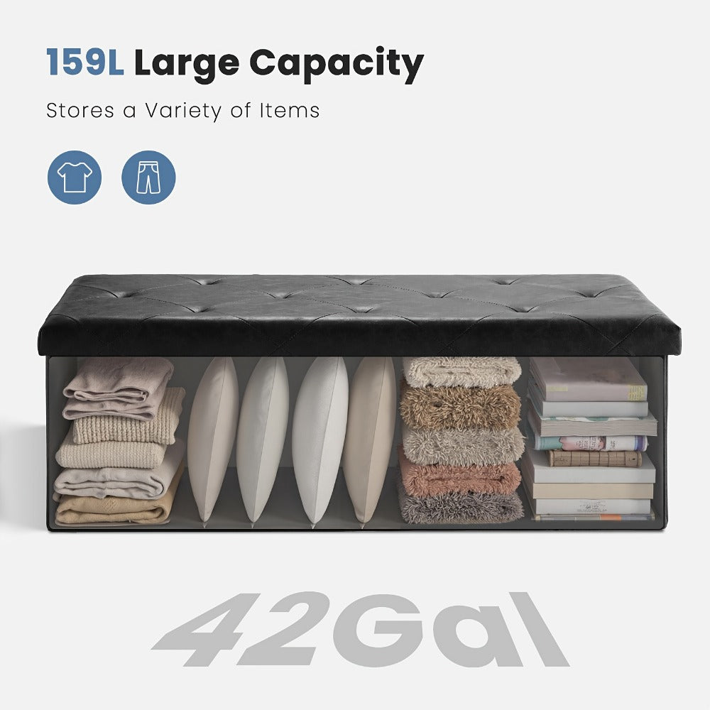 Ottoman Folding Faux Leather Storage Bench in 30- or 43-Inch Options with Lift-Off Lid and Four Colors
