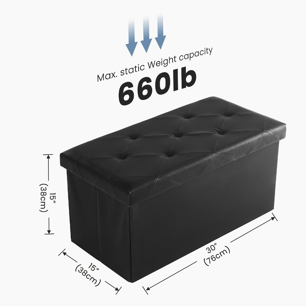 Ottoman Folding Faux Leather Storage Bench in 30- or 43-Inch Options with Lift-Off Lid and Four Colors