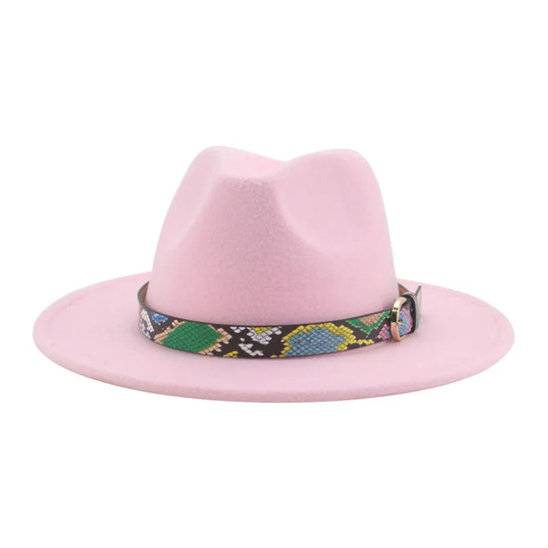 Wide Brim Wool Fedora Hat with Snake Skin Striped Band