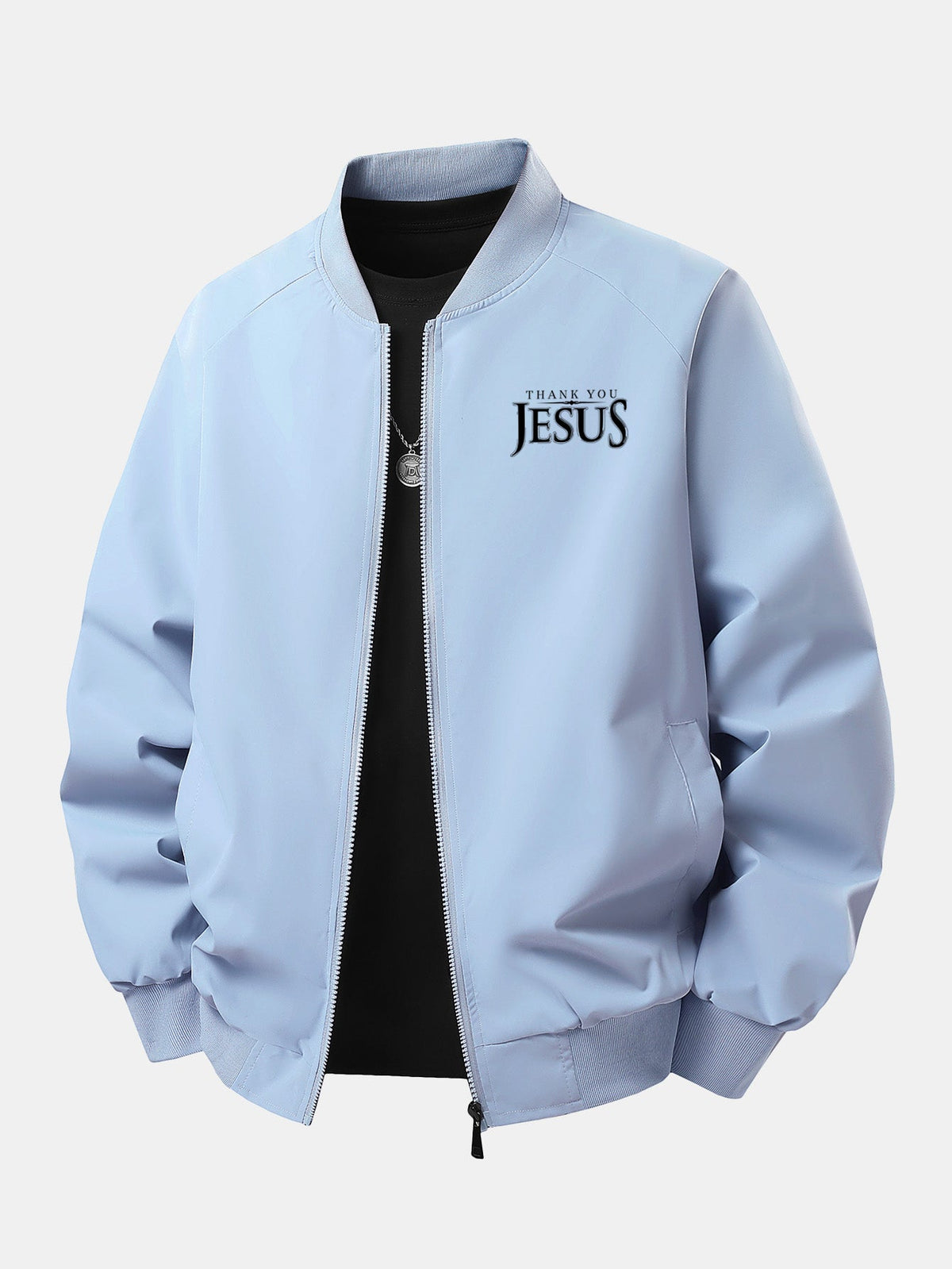 Relax Fit Jesus Print Zip-Up Bomber Jacket