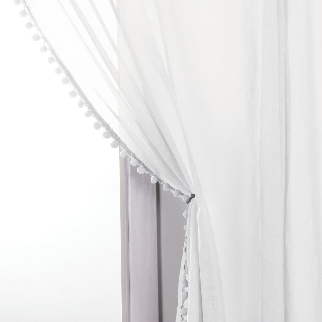 Elegant Comfort Set of 2 Pom Pom Tasseled Sheer Curtain - Rod Pocket
