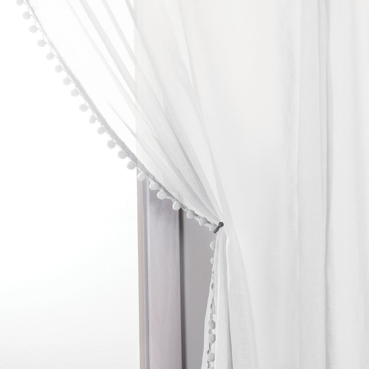 Elegant Comfort Set of 2 Pom Pom Tasseled Sheer Curtain - Rod Pocket