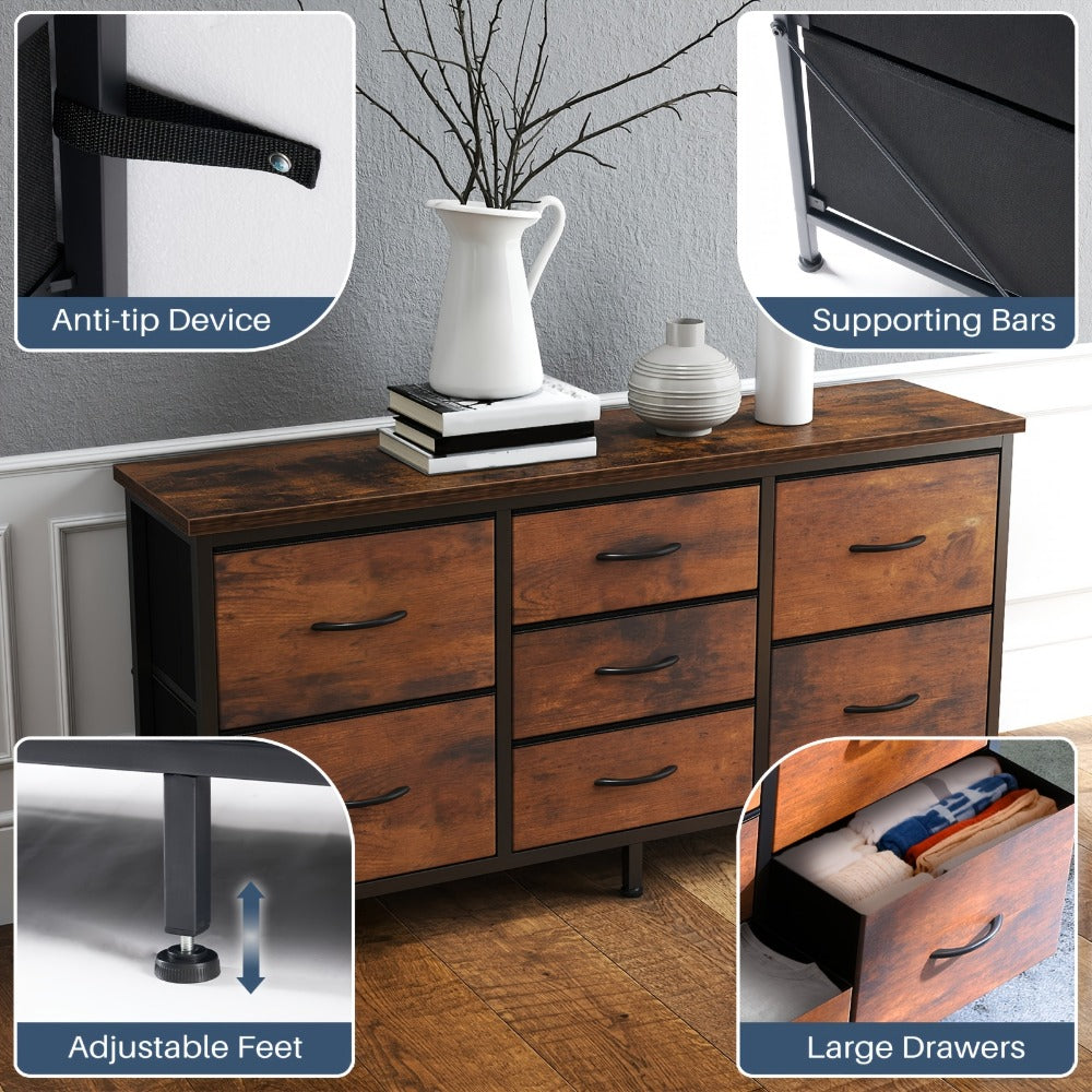Dresser Wide Fabric Storage Chest with Five, Seven or Nine Drawers, Metal Frame and Finish Options