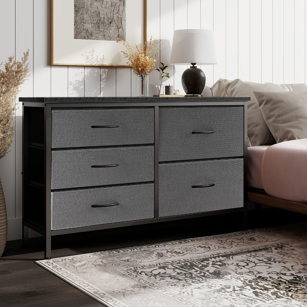 Dresser Wide Fabric Storage Chest with Five, Seven or Nine Drawers, Metal Frame and Finish Options