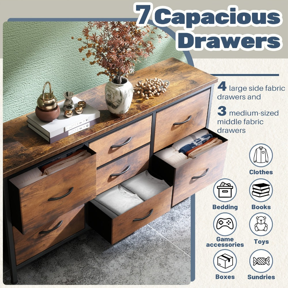 Dresser Wide Fabric Storage Chest with Five, Seven or Nine Drawers, Metal Frame and Finish Options