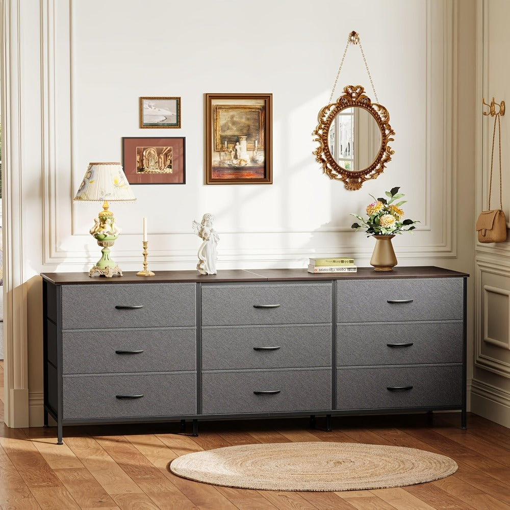 Dresser Wide Fabric Storage Chest with Five, Seven or Nine Drawers, Metal Frame and Finish Options