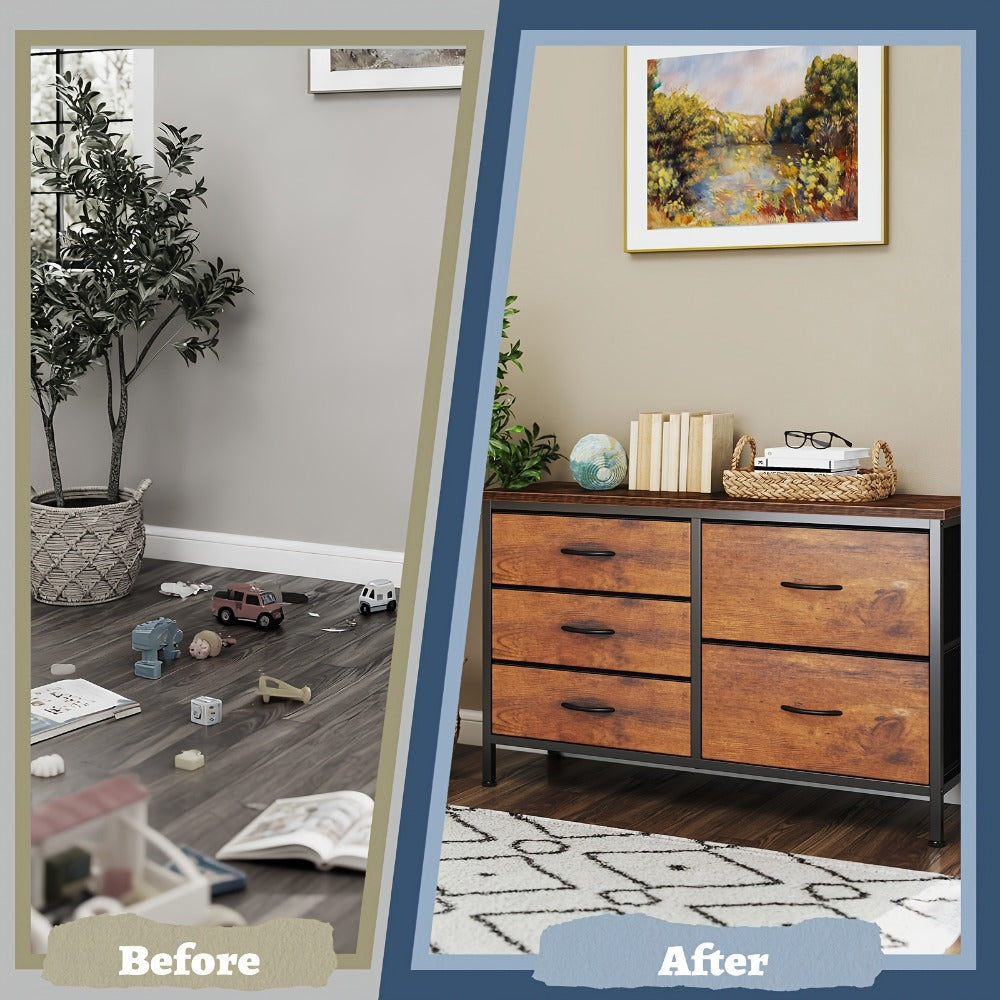 Dresser Wide Fabric Storage Chest with Five, Seven or Nine Drawers, Metal Frame and Finish Options