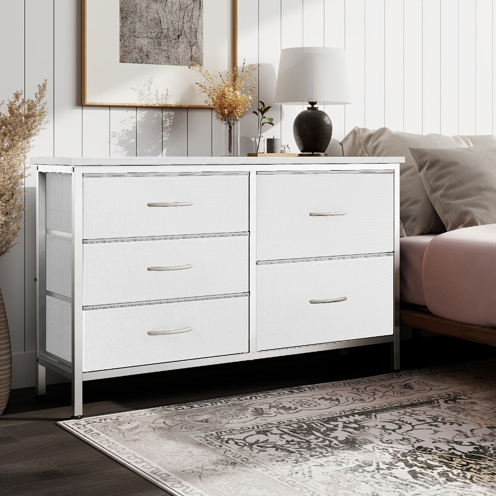 Dresser Wide Fabric Storage Chest with Five, Seven or Nine Drawers, Metal Frame and Finish Options