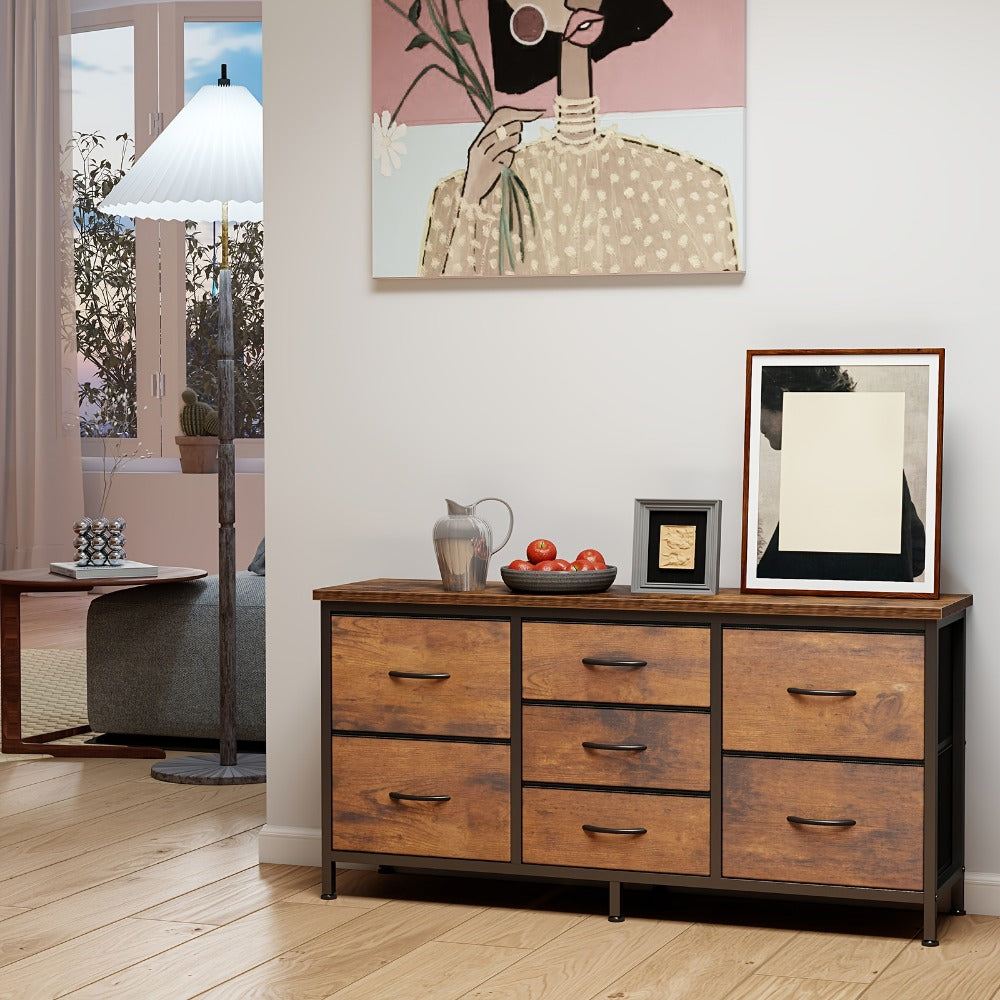 Dresser Wide Fabric Storage Chest with Five, Seven or Nine Drawers, Metal Frame and Finish Options