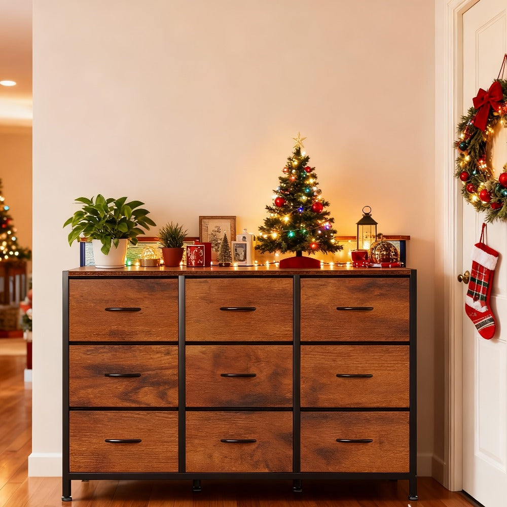 Dresser Wide Fabric Storage Chest with Five, Seven or Nine Drawers, Metal Frame and Finish Options