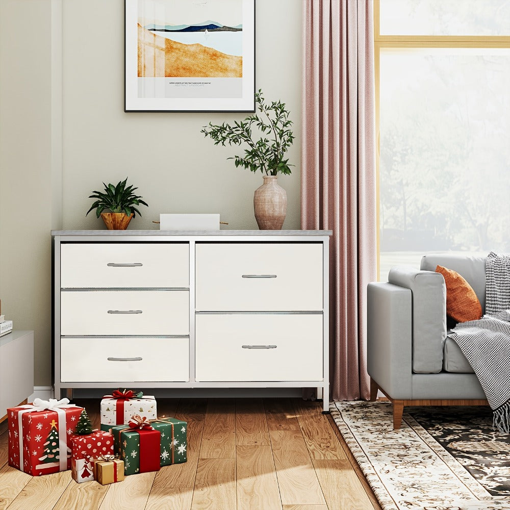 Dresser Wide Fabric Storage Chest with Five, Seven or Nine Drawers, Metal Frame and Finish Options