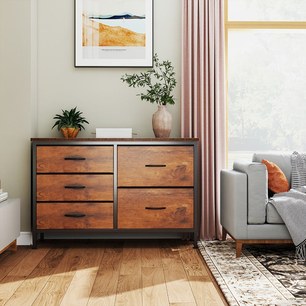 Dresser Wide Fabric Storage Chest with Five, Seven or Nine Drawers, Metal Frame and Finish Options