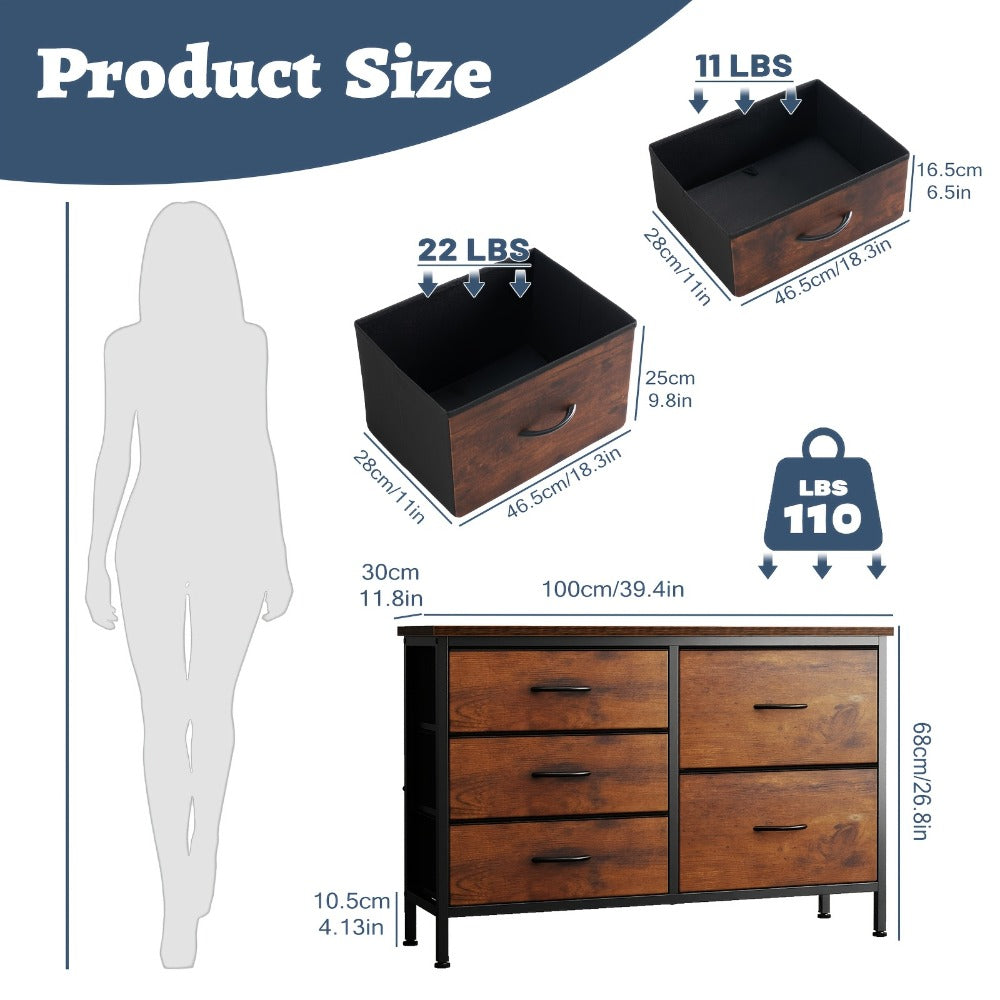 Dresser Wide Fabric Storage Chest with Five, Seven or Nine Drawers, Metal Frame and Finish Options