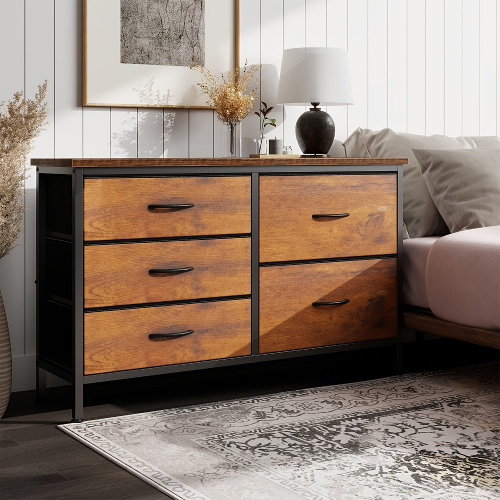 Dresser Wide Fabric Storage Chest with Five, Seven or Nine Drawers, Metal Frame and Finish Options