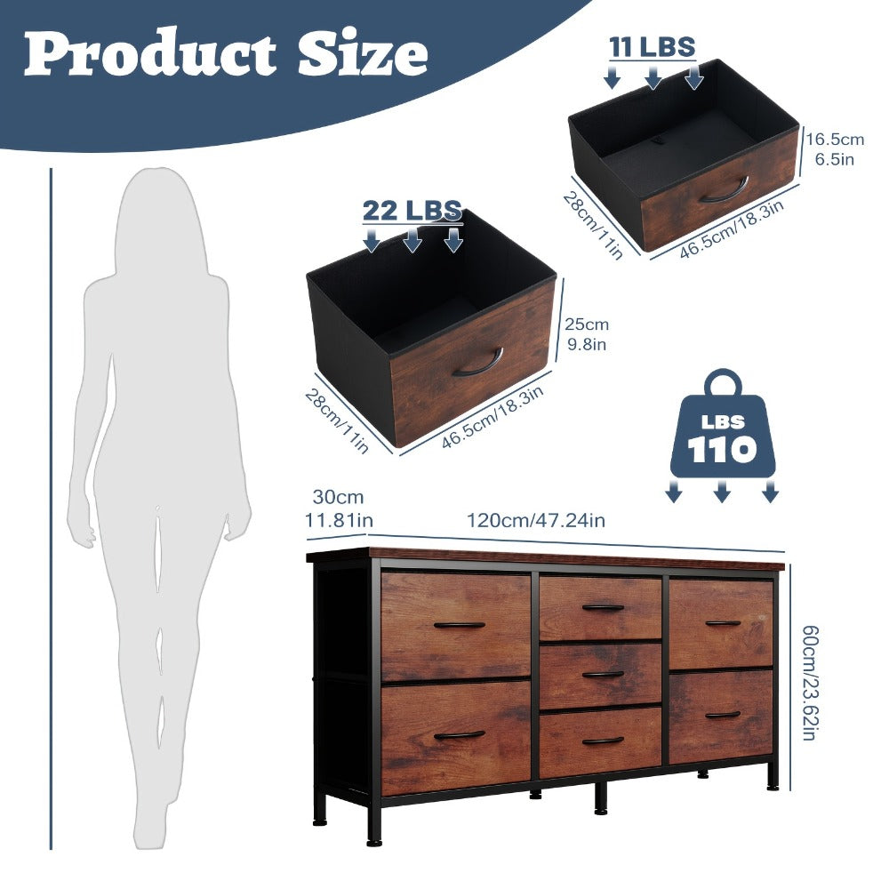 Dresser Wide Fabric Storage Chest with Five, Seven or Nine Drawers, Metal Frame and Finish Options