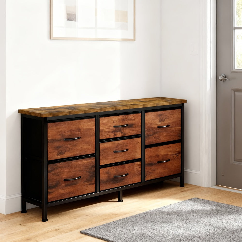 Dresser Wide Fabric Storage Chest with Five, Seven or Nine Drawers, Metal Frame and Finish Options