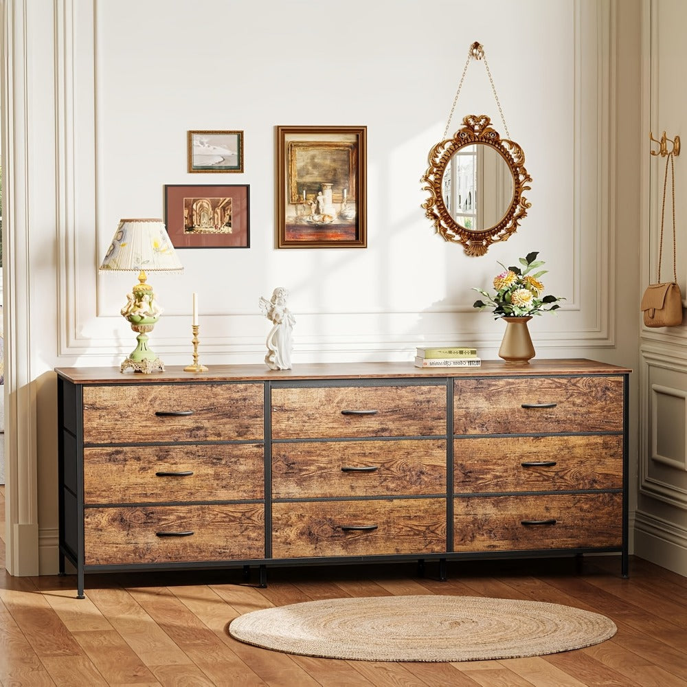Dresser Wide Fabric Storage Chest with Five, Seven or Nine Drawers, Metal Frame and Finish Options