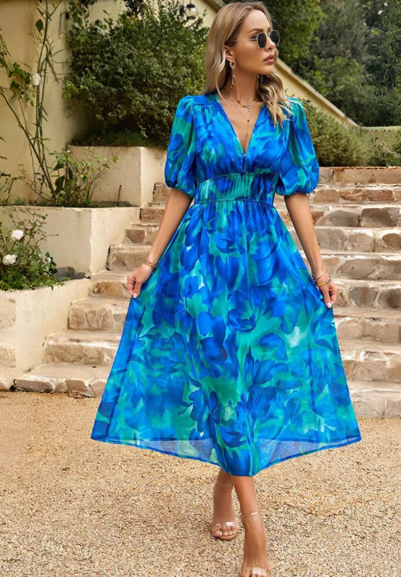 Women’s Floral Puff Sleeve Midi Wedding Guest Dress